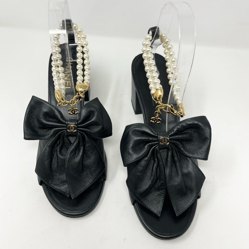 Chanel CC Lambskin Leather Bow Sandal Pearl Ankle Strap CC Charm Black Size 39.5